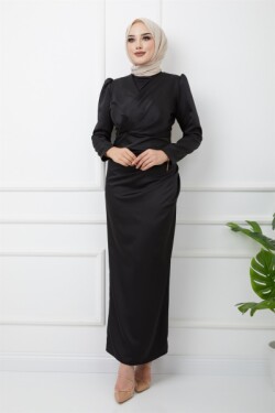 Siyah V Yaka Pile Detaylı Saten Abiye Elbise