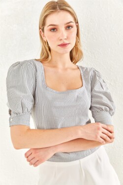 Gri U Yaka Krinkıl Balon Kol Bluz