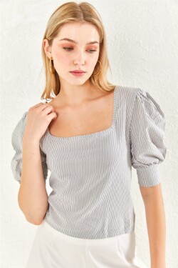 Gri U Yaka Krinkıl Balon Kol Bluz