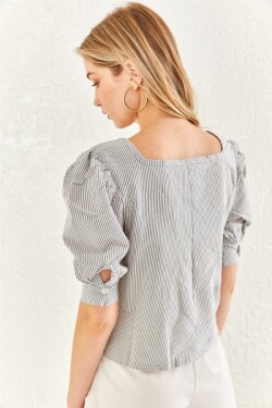 Gri U Yaka Krinkıl Balon Kol Bluz