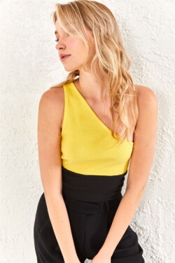 Sarı Siyah Parçalı Tek Omuz Crop Bluz