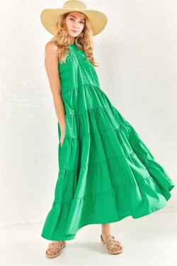 Yeşil Askısı Çapraz Lastikli Parçalı Poplin Uzun Elbise