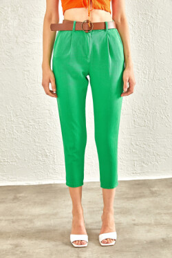 Yeşil Beli Lastikli Kemerli Pantolon