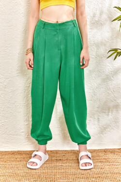 Yeşil Keten Paçası Lastikli Pileli Pantolon
