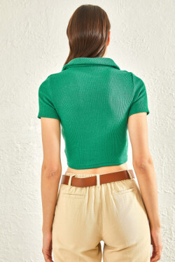 Yeşil Polo Yaka Bağlamalı Crop T-shirt
