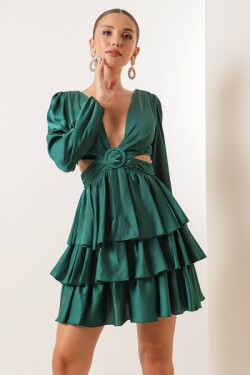 Koyu Yeşil Bel Dekolteli Kat Kat Saten Mini Abiye Elbise