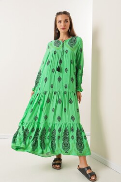Yeşil Kol Büzgülü Şal Desenli Uzun Elbise