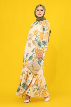 Ekru Sarı Çiçek Desenli Eteği Fırfırlı Hakim Yaka Elbise