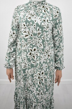 Nil Yeşili Beyaz Çiçek Desen Eteği Fırfırlı Hakim Yaka Elbise