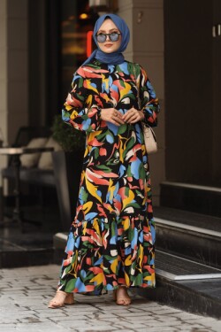 Siyah Sulu Boya Desen Eteği Fırfırlı Hakim Yaka Elbise