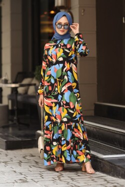 Siyah Sulu Boya Desen Eteği Fırfırlı Hakim Yaka Elbise