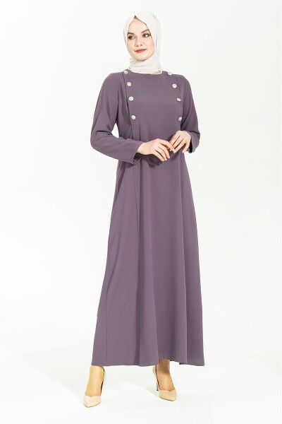 Lila Taş Düğme Detaylı Elbise