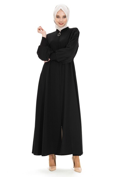 Black Sleeves Pleated Detail Zippered Abaya
