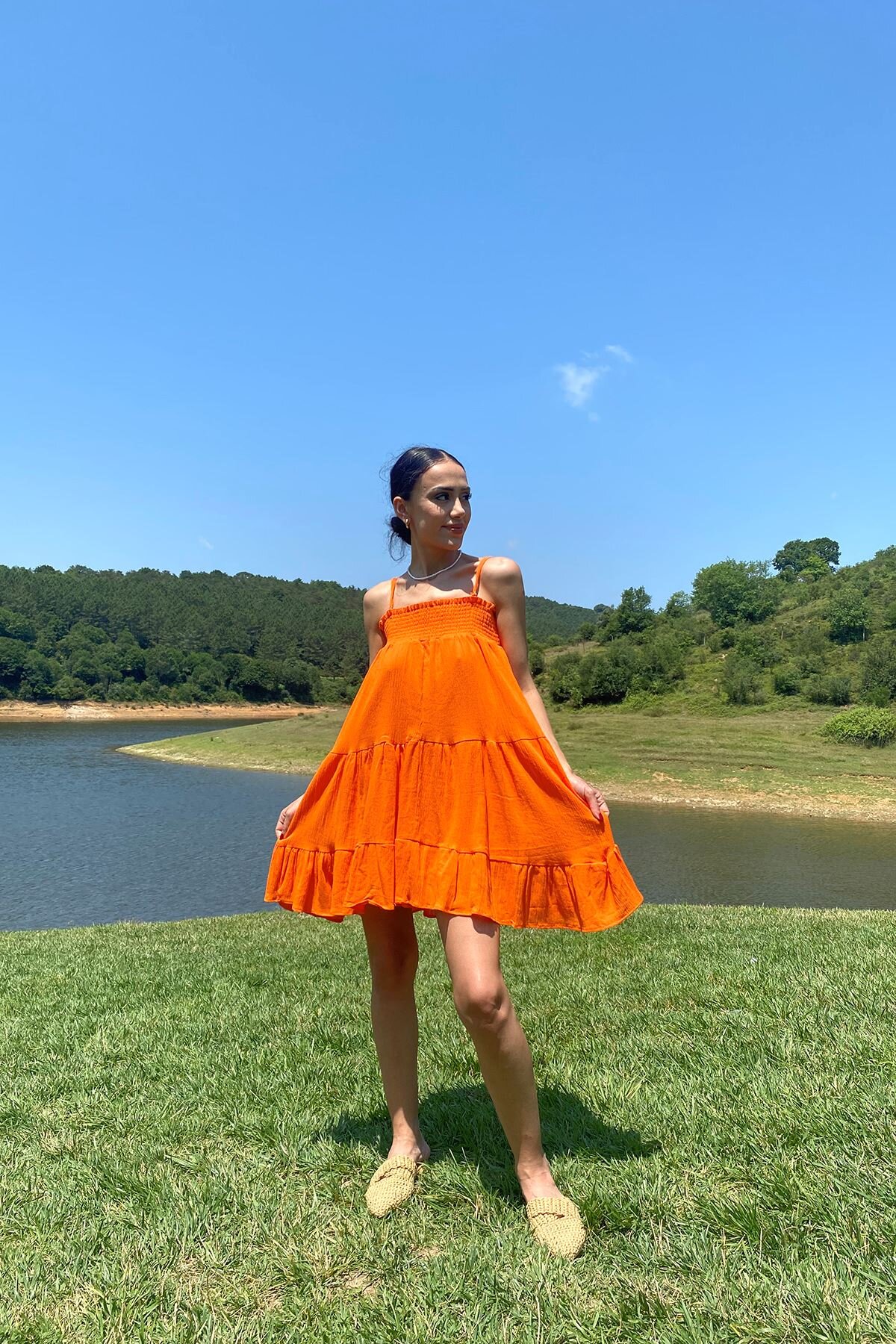 huhu Oranj Gipeli Askılı Mini Elbise