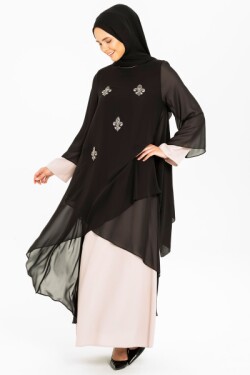 Bej / Siyah Taş Ve Şifon Detaylı Abiye Elbise