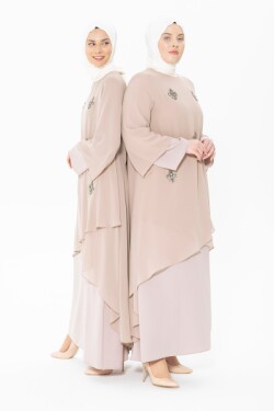 Bej / Taş Ve Şifon Detaylı Abiye Elbise