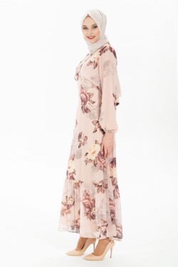 Pudra Desenli Çiçek Şifon Elbise