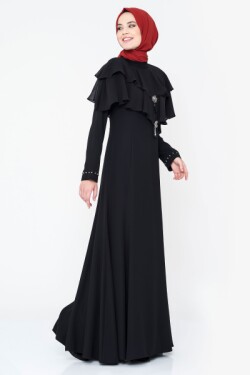 Siyah Şifon Detaylı Taşlı Abiye Elbise