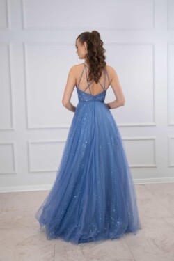 Askılı İndigo Pul Payetli Mavi Uzun Helen Abiye Elbise