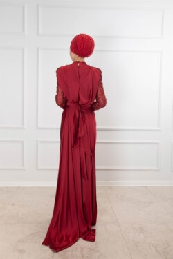 Bordo Kol Taş İşleme Saten Kırmızı Abiye Elbise