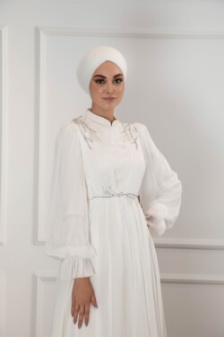 Ekru Omuz Ve Bel Taş İşlemeli Balon Kol Şifon Abiye Elbise