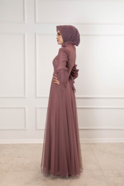 Gül Kurusu Uzun Drape Kol Güpür Detaylı Şifon Abiye Elbise
