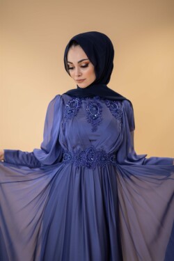 İndigo Göğüs Ve Bel Taş İşlemeli Mavi Abiye Elbise