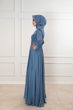 İndigo Otriş Detaylı Drapeli Şifon Abiye Elbise