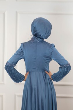 İndigo Otriş Detaylı Drapeli Şifon Abiye Elbise