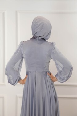 İndigo Yaka Ve Bel Taş Aksesuar Balon Kol Şifon Abiye Elbise
