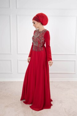 Kırmızı Gövde Full İşleme Uzun Abiye Elbise