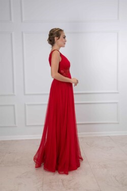 Kırmızı Kalın Çift Askı Dantelli Uzun Helen Abiye Elbise