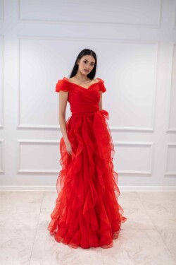 Kırmızı Karpuz Kol Fırfırlı Tül Etek Helen Kına Uzun Abiye Elbise