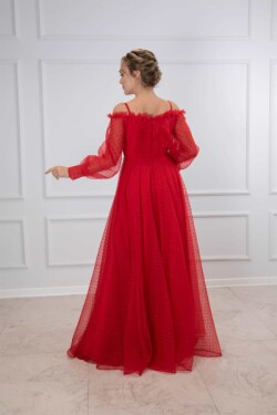 Kırmızı Kendinden Simli Puantiyeli Uzun Helen Abiye Elbise