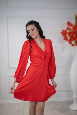 Kırmızı V Yaka Balon Kol Saten Mini Abiye Elbise
