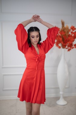 Kırmızı V Yaka Balon Kol Saten Mini Abiye Elbise