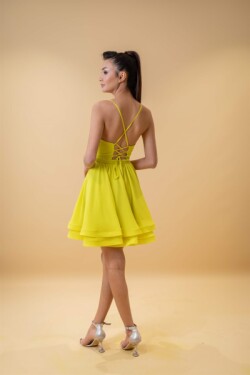 Limon Askılı Derin V Yaka A Kesim Sarı Mini Abiye Elbise