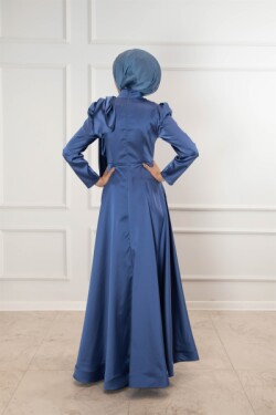 Mavi Omuzdan Taş İşlemeli Saten Abiye Elbise