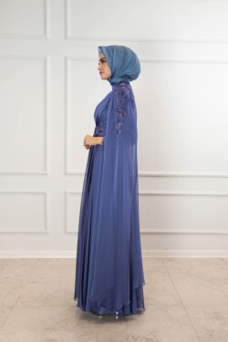 Mavi Pelerin Kol Omuz Ve Bel Detaylı Pileli Abiye Elbise