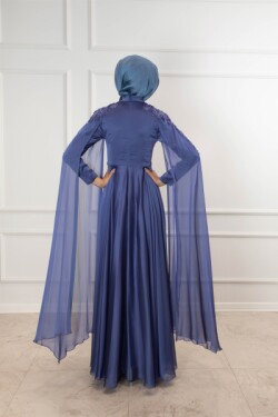 Mavi Pelerin Kol Omuz Ve Bel Detaylı Pileli Abiye Elbise