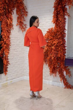 Orange Yırtmaçlı Yarım Kol Uzun Turuncu Mezuniyet Abiye Elbise