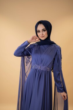 Pelerin Kol İşlemeli Bel Detay Mavi Abiye Elbise
