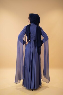 Pelerin Kol İşlemeli Bel Detay Mavi Abiye Elbise
