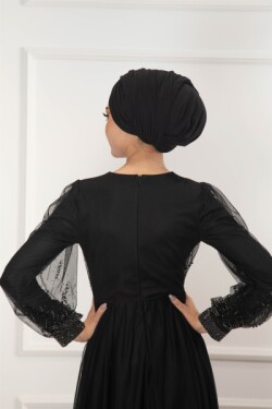 Siyah Full Taş İşleme Tül Abiye Elbise