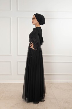 Siyah Full Taş İşleme Tül Abiye Elbise