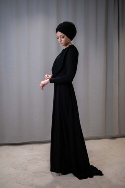 Siyah Tek Kol Transparan Taşlı Saten Abiye Elbise