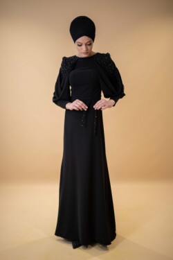 Siyah Yarasa Kol Omuz Taş Detaylı Abiye Elbise