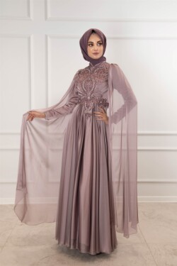 Vizon Pelerin Kol Gövde Taş İşlemeli Şifon Abiye Elbise