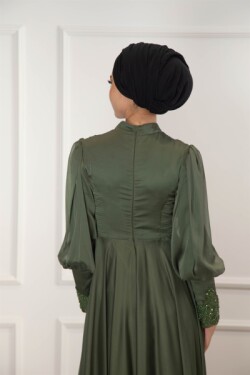 Yeşil Taş Detaylı Kendinden Kemer Şifon Abiye Elbise