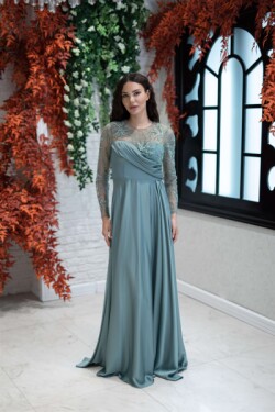 Yeşil Transparan Uzun Kol Saten Helen Abiye Elbise